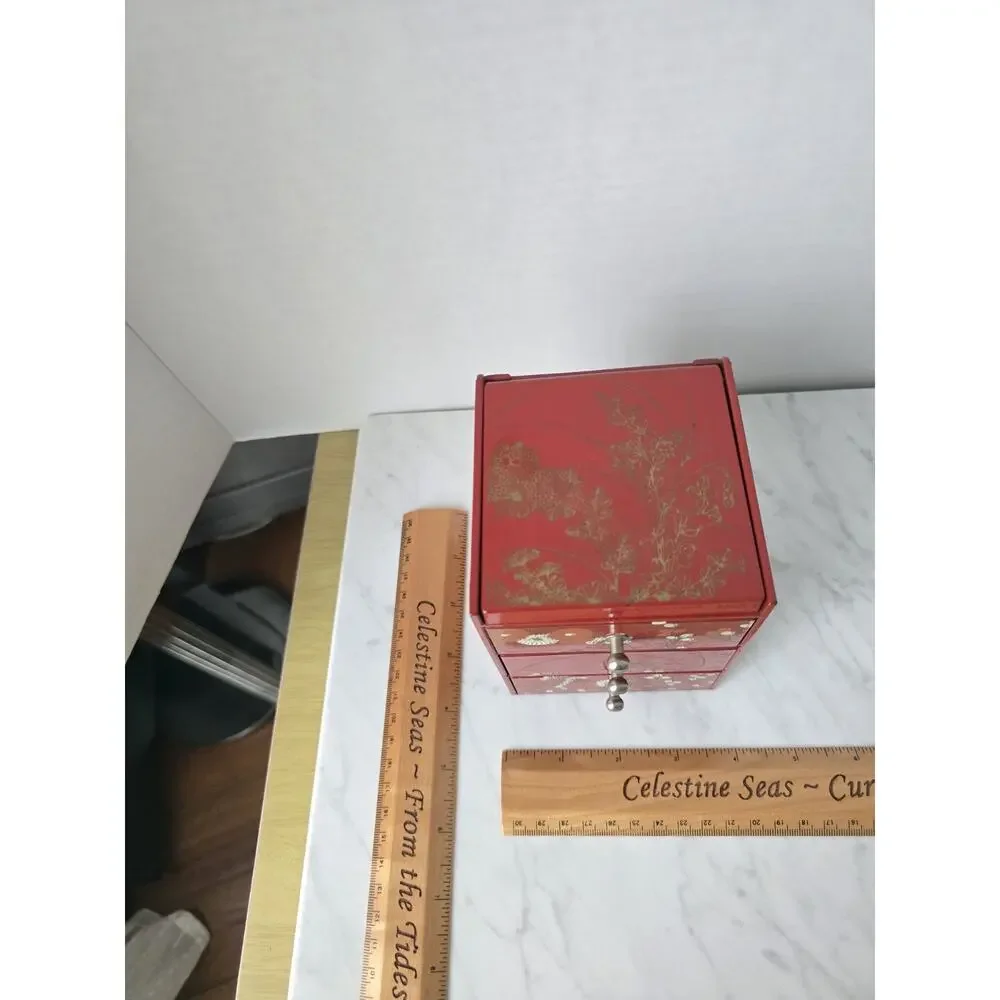 Vintage Red Lacquer 3-Drawer Jewelly Box With Floral Chiyogami Pattern